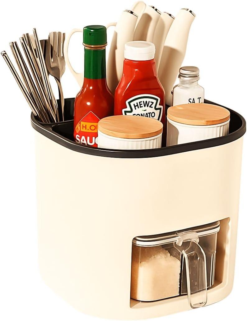 Rotating Utensil Holder for Kitchen Counter – Seasoning Organizer with 4 Spice Containers, Cutlery Holder and Knife Holders for Counter Top, Space-Saving Kitchen Countertop Organizer
