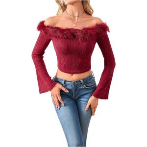 MakeMeChic Women's Faux Fur Crop Tops Bell Sleeve Off Shoulder Glitter Party Tee Shirts (M)