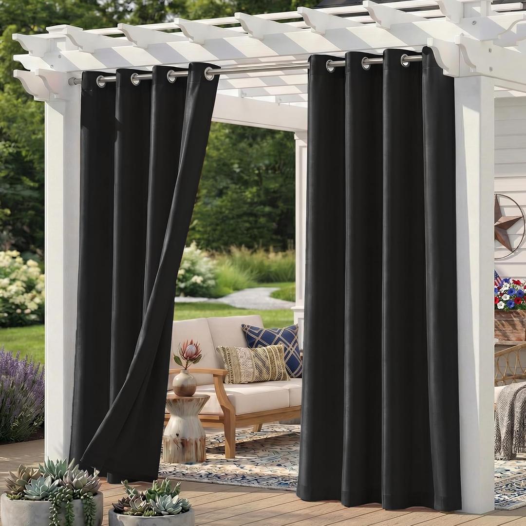 Set of 6 Outdoor Curtains for Patio Waterproof, Breathable Grommet Privacy Panels for Porch, Pergola & Gazebo, Light Filtering, Weatherproof, 54W x 95L Inches, Black