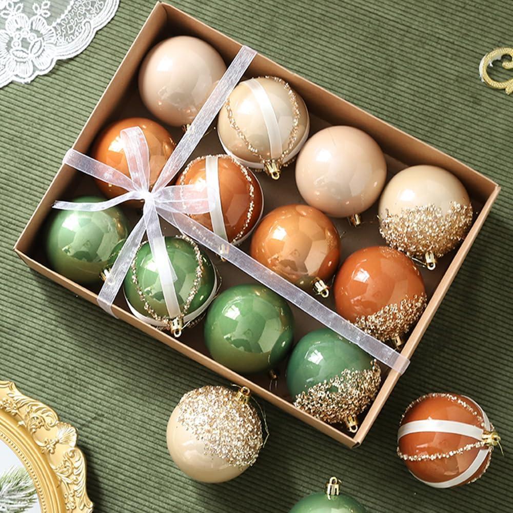 Christmas Tree Ball Ornaments 12 Pcs 3.15" Sage Green White Sand Brown Boho Neutral Shatterproof Plastic Glitter Hanging Balls for Fall Christmas Tree Xmas Holiday Party Home Decor