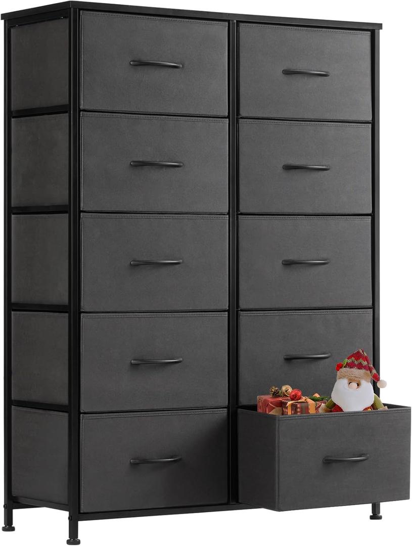 Sweetcrispy Dresser, Tall Dresser for Bedroom, Drawer Dresser Organizer Storage Drawers with 10 Drawers, Chest of Drawers with Fabric Bin, Steel Frame, Wood Top for Bedroom, Closet, Entryway (31.5"D x 11.8"W x 45.7"H (10 Drawers), Grey)