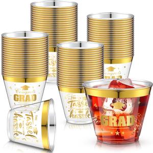 Yinder 100 Pcs Graduation Party Cups 2026, 9 oz Gold Foil Disposable Plastic Cups Congrats Grad Bulk for Graduation Decorations Supplies, Class of 2026 Party Favors Tableware(Clear)