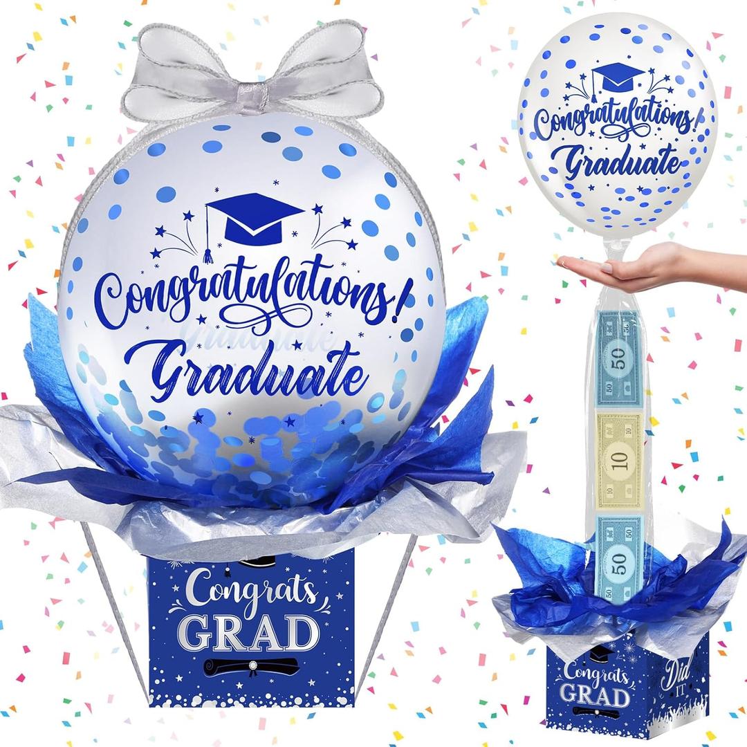 MiniInflat Graduation Pull Money Balloon Box Kit for Cash Graduation Party Balloon Set Class of 2026 Graduates Gifts for College High School Grad Party Decorations Supplies(Blue)