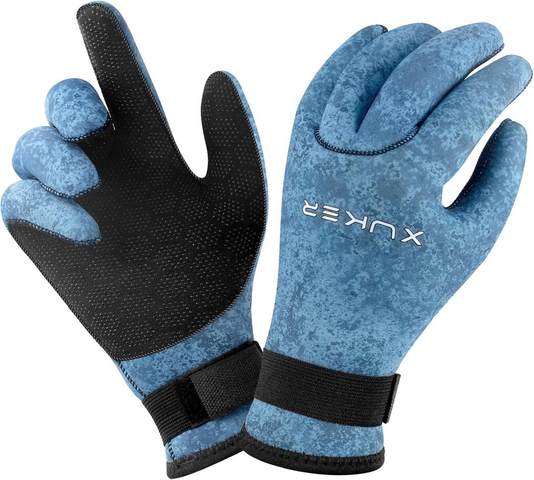 XUKER Neoprene Gloves Men Women, 3mm Camouflage Patterned Winter Wetsuit Gloves Keep Warm for Scuba Diving Surfing Swimming Fishing Water Sports (Blue, XXL)