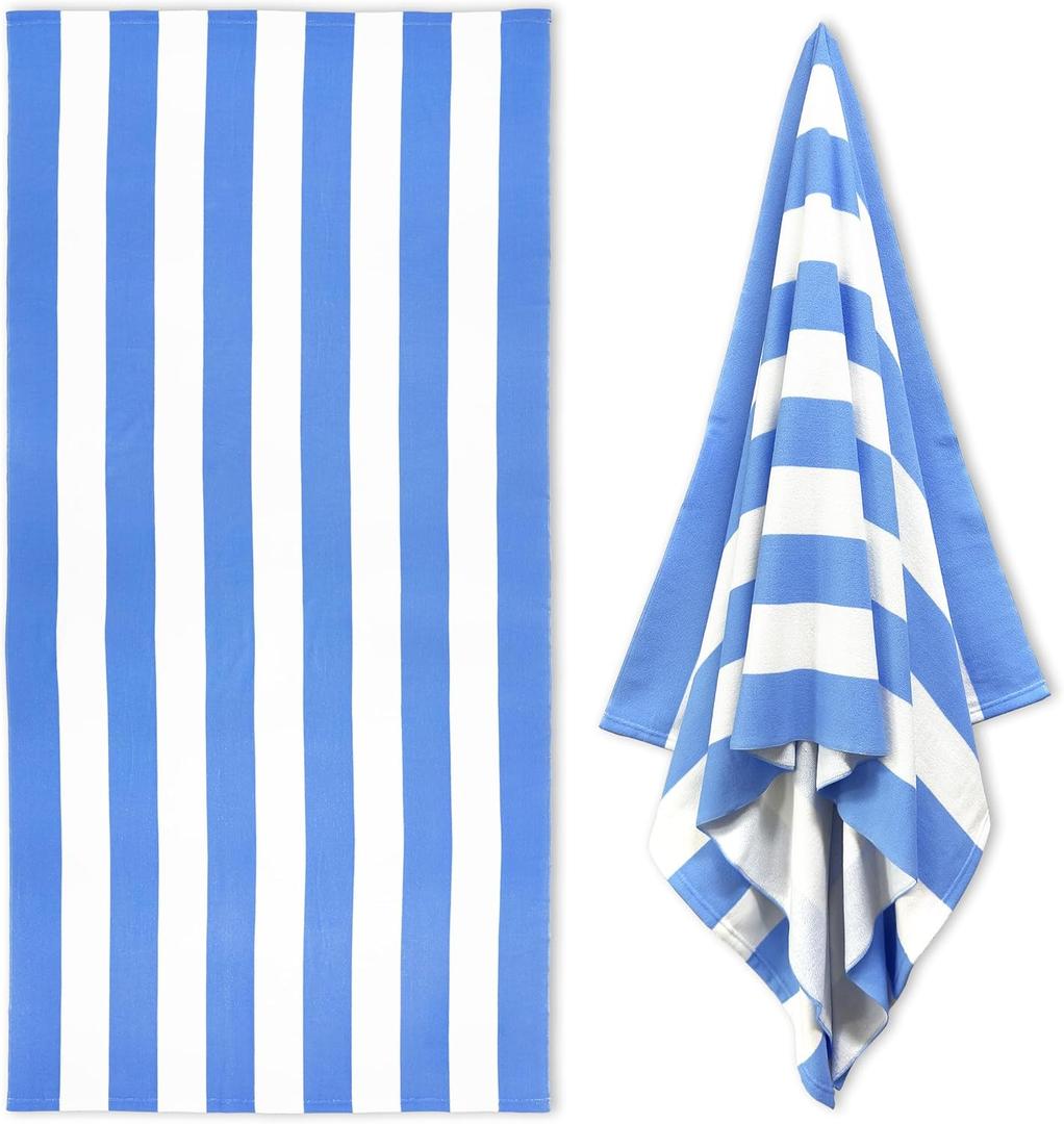 Large Oversized Beach Towel - 35 x 70 Inch Microfiber Pool Towel, Blue Striped Quick Dry Cabana Swim Towel