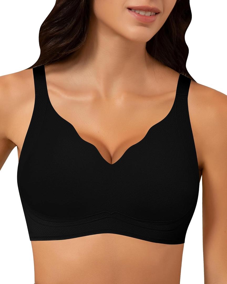 Wireless Bra Women Seamless Push Up Support Comfort V Neck Full Coverage Sleep T-Shirt Everyday Bras (Black)