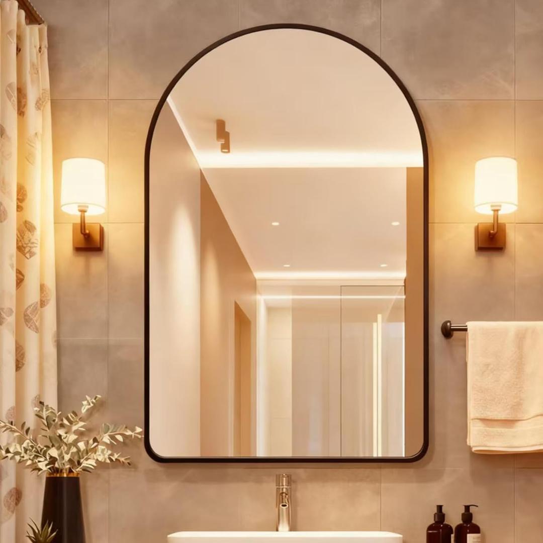 Black Metal Frame Bathroom Arch Mirror for Over Sink, 24x36 Inch Rounded Arched Tempered Mirror, Wall Vanity Mirror for Farmhouse, Modern Luxe Mirror for Bedroom, Living Room, Entryway