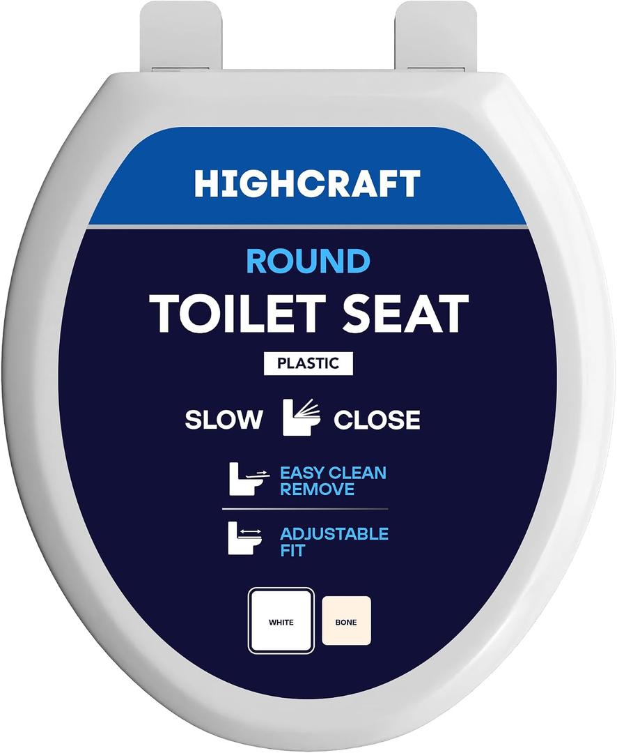 HIGHCRAFT Premium Round Toilet Seat with Slow-Close Design, Adjustable Hinges & Quick Removal Mechanism - Molded Plastic Toilet Seat - Fits Standard Round Toilets - Toilet Seat in White