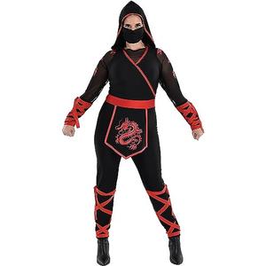 Black and Red Polyester Ninja Jumpsuit & Mask Set - Plus (18-20) - Perfect Ultimate Costume Experience, L