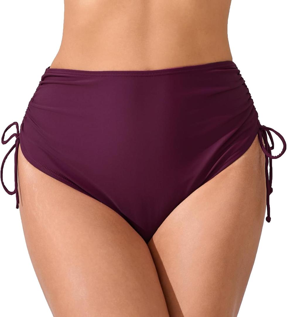JOYBIK Women's High Waisted Full Coverage Bikini Bottoms Tummy Control Adjustable Drawstring Swim Bottoms (S)