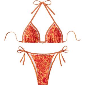 WDIRARA Women's 2 Piece Boho Swimsuits Floral Print Halter String Triangle Bikini Set Beach Bathing Suit (Orange Multicolor), S