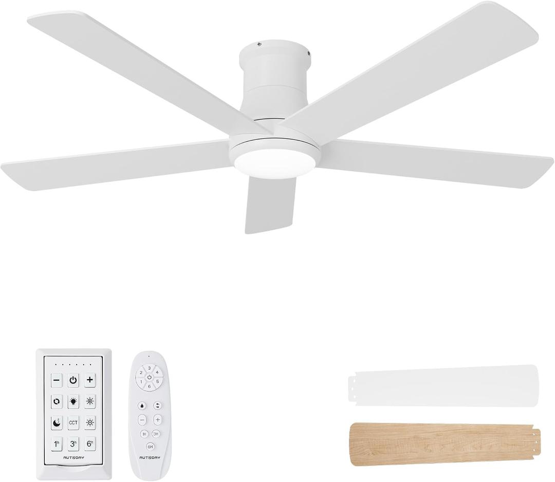 52 Inch Low Profile Ceiling Fan with Light, White Ceiling Fans with Lights and Remote, Flush Mount, 6 Speeds Reversible Quiet DC, 3CCT Dimmable, Indoor Outdoor Ceiling Fans for Patios Bedroom
