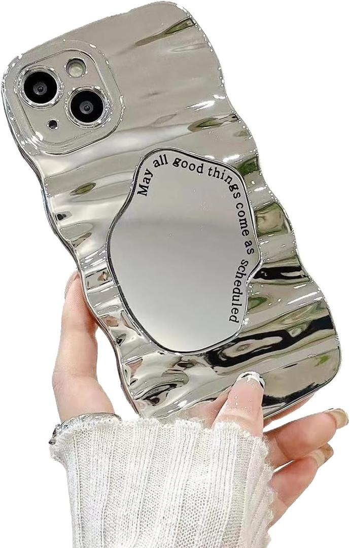 Compatible with iPhone 13 Wave Case with Makeup Mirror, Curly Frame Wave Shape Aesthetic Design Cases Soft Silicone Cute Shockproof Girly Cover Women Girls, Silver(6.1 inches)