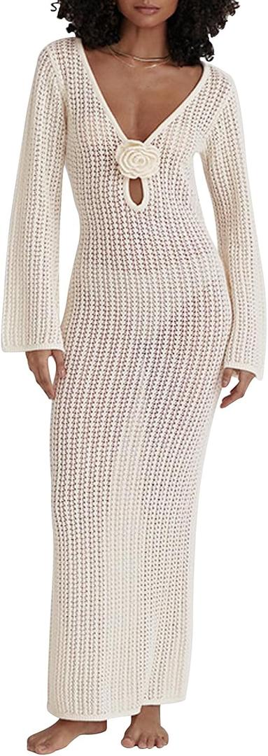 Leoparts Women's Knitted Swimsuit Cover Up 3D Floral Hollow Out Open Back Tie-Up Maxi Dress Beachwear Coverup Dresses (2416 Off White) S
