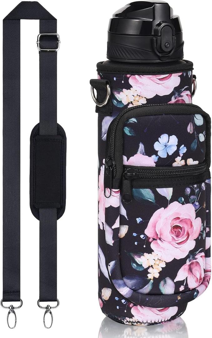 Fimibuke 32 oz Water Bottle with Sleeve - BPA Free Leakproof Sport Large 1L Plastic Motivational Water Bottle with Straw Strap & Insulated Neoprene Holder Carrier Bag Great Xmas Gift for Women Men (A3.Wild Rose)