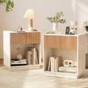 End Table with Charging Station,Fluted Nightstands Set of 2, Modern Bedside Table with Drawer and Storage Shelf, Wood Mid Century Night Stands for Bedroom Living Room (White)