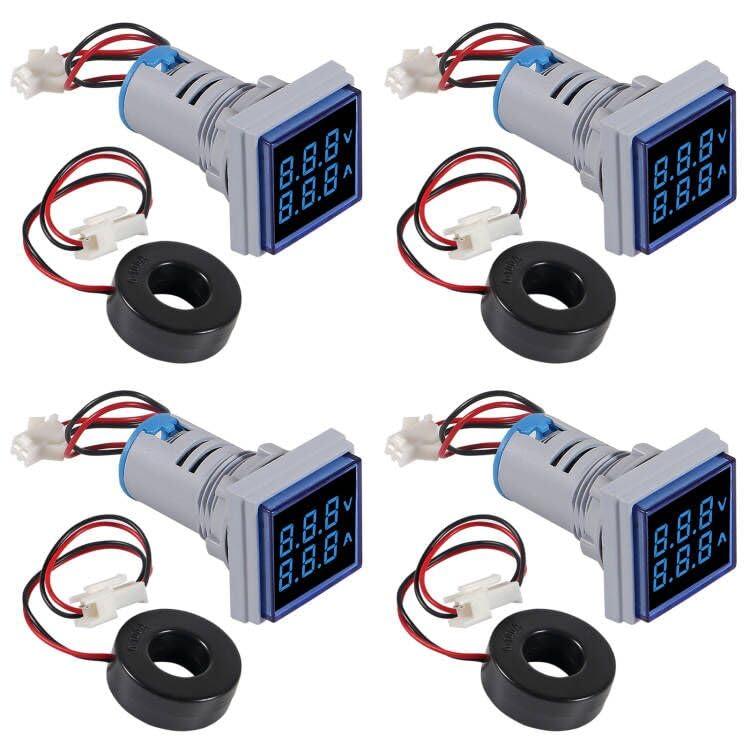Blue LED Display Voltmeter, Square Dual Display Voltmeter and Ammeter LED Digital Voltage Gauge AC 60-500V 0-100A Current Meter Indicator (4pcs)