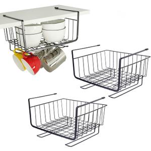 HOMOKUS 3 Pack Hanging Under Shelf Storage Basket with Towel Clothing Paper Holder,Wire Basket Shelf Under Cabinet,Slide-in Shelf Baskets Space Saving for Kitchen Pantry Desk Counter Bookshelf (Black)
