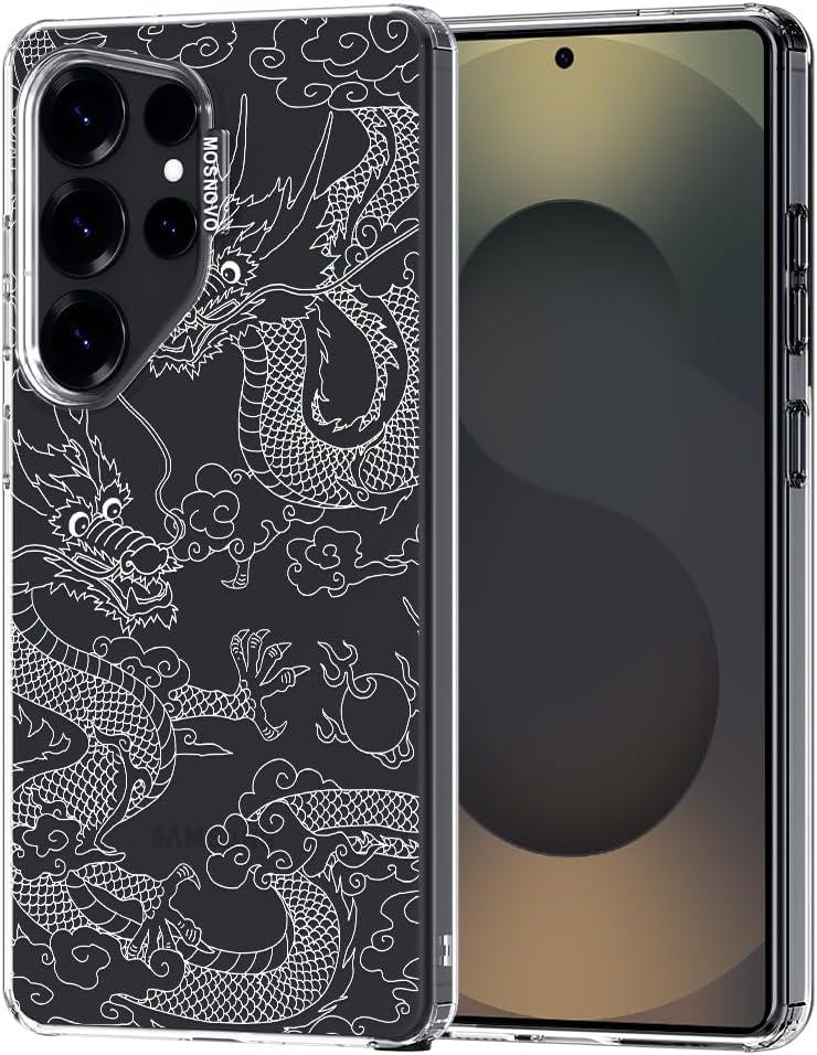 MOSNOVO Case for Samsung Galaxy S25 Ultra, [Buffertech 6.6ft Military-Grade Drop Protection] [Anti Peel Off Tech] Clear TPU Bumper Phone Case Cover Design - White Dragon