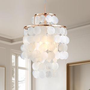 Mini Chandelier Capiz Shell Dinning Room Chandeliers 11" Ceiling Light Polished Gold Finish Flush Mount Mordern Pendant Light for Kitchen,Living Room,Bathroom,Bedroom,Dimmable Led Bulb Included