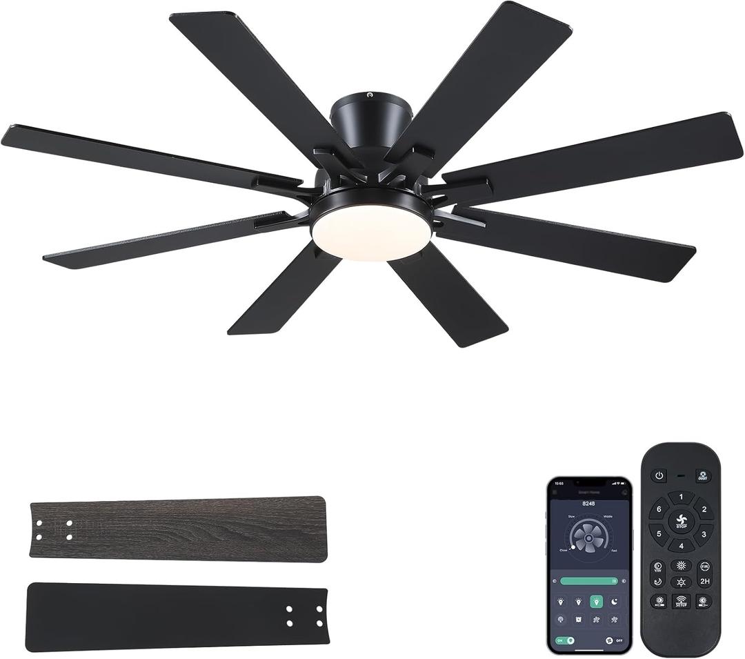 Ceiling Fans with Lights- 52" Low Profile Indoor Ceiling Fan with Light and Remote/APP Control, 8 Blade, Flush Mount, LED Dimmable DC Reversible Modern Ceiling Fan for Bedroom, Black