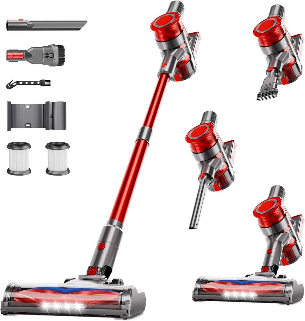 Cordless Vacuum Cleaner, Powerful Stick Vacuum Cleaner for Home with Rechargeable Battery, 6-in-1 Lightweight Handheld Vacuum, 45 Mins Runtime for Hardfloor & Carpets Pet Hair (red)
