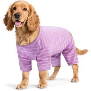 Striped Dog Pajamas - Jammies for Small to Large Dogs, Fleece Shedding Suit, Stretchy & Machine-Washable Pjs, Belly Cut for Males, Great for Surgery & Cold Weather, Purple 3XL