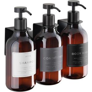 Shower Shampoo Dispenser Wall Mounted 3 Refillable 16.9 oz Amber Bottles with Stainless Steel Pumps & No-Drill Adhesive Holders Soap Dispenser Set for Bathroom (3 X Amber/Black)