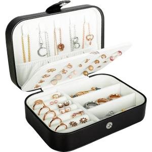 Travel Jewelry Box, PU Leather Small Jewelry Organizer for Women Girls, Portable Mini Travel Case Display Storage Holder Boxes for Stud Earrings, Rings, Necklaces, Bracelets. (Black)