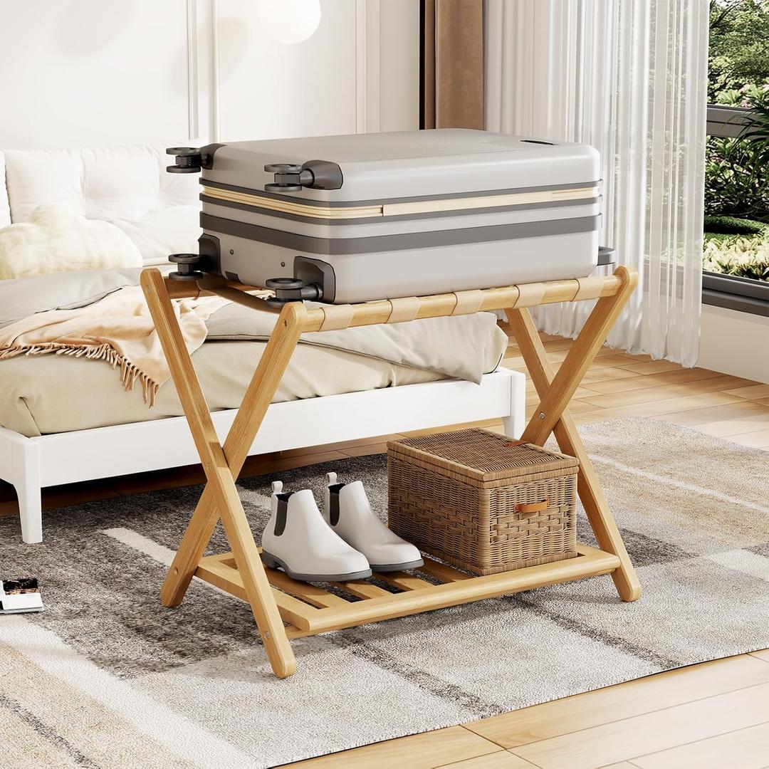 Full Assembled 26.77"L Luggage Rack for Guest Room, Set of 1 Foldable Suitcase Stand with 5 Nylon Straps, Luggage Holder with Shoe Shelf for Suitcases, Hotel (Natural Wood Bamboo Luggage Stands)