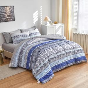 Flysheep Bohemian Striped Bed in a Bag 6 Pieces Twin Size, Boho Blue Grey Geometric Pattern Reversible Bed Comforter Set (1 Comforter, 1 Flat Sheet, 1 Fitted Sheet, 2 Pillow Shams, 1 Pillowcase)