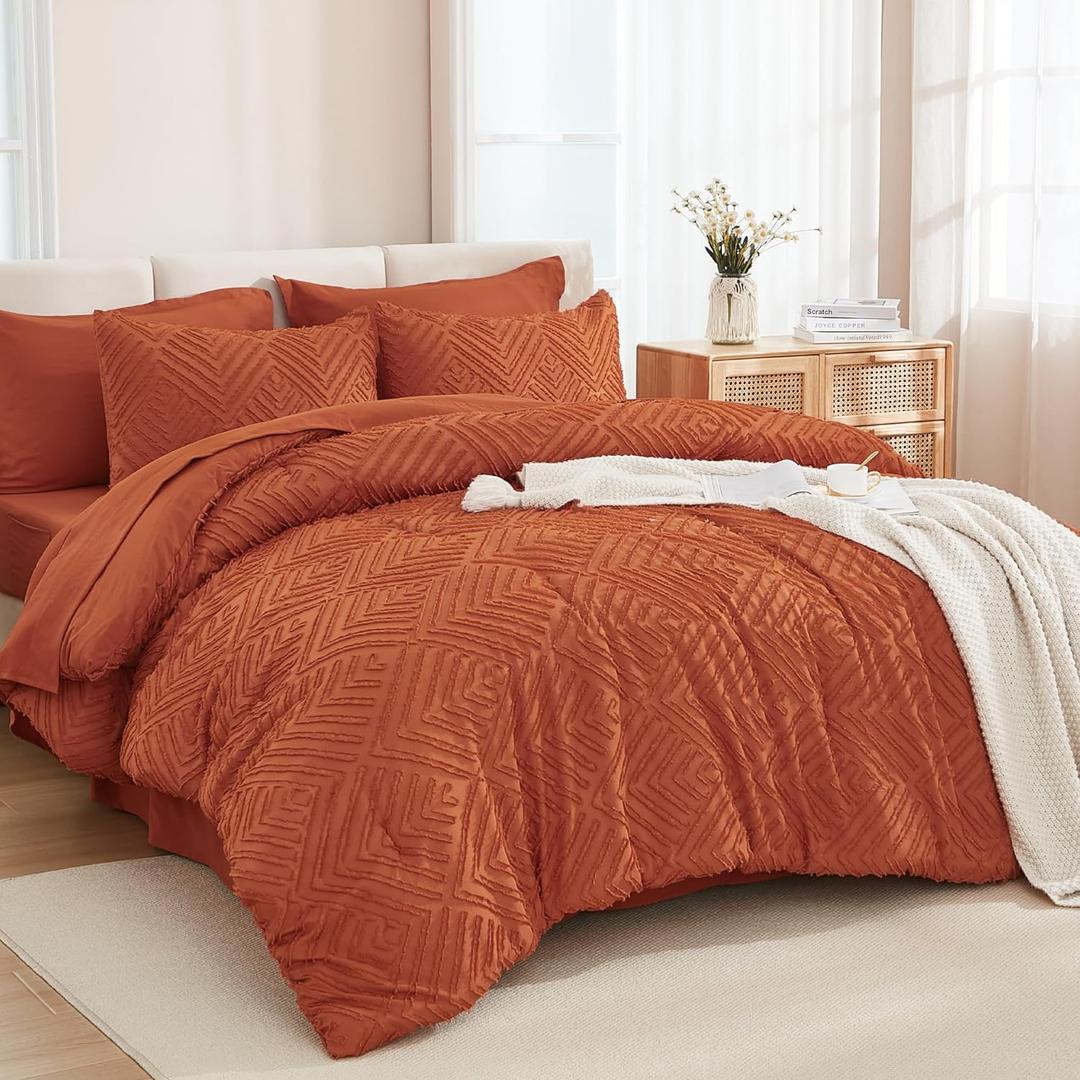 Andency Queen Comforter Set Burnt Orange - 7 Pieces Bed in a Bag Queen Boho Terracotta Bedding Comforter Sets, Rust Tufted Bed Set with Comforter, Sheets, Pillowcases & Shams (Queen (90"x90"))