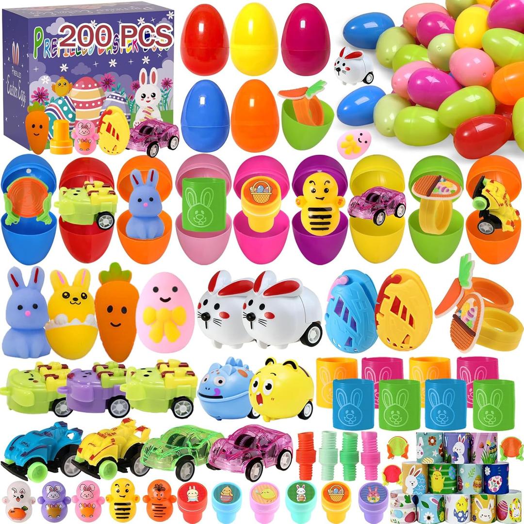 TOAPER 200PCS Prefilled Easter Eggs with Toys, Easter Party Favors, Easter Basket Stuffers, Easter Egg Hunt Prizes, Bulk Plastic Easter Eggs Gifts for Kids Classroom