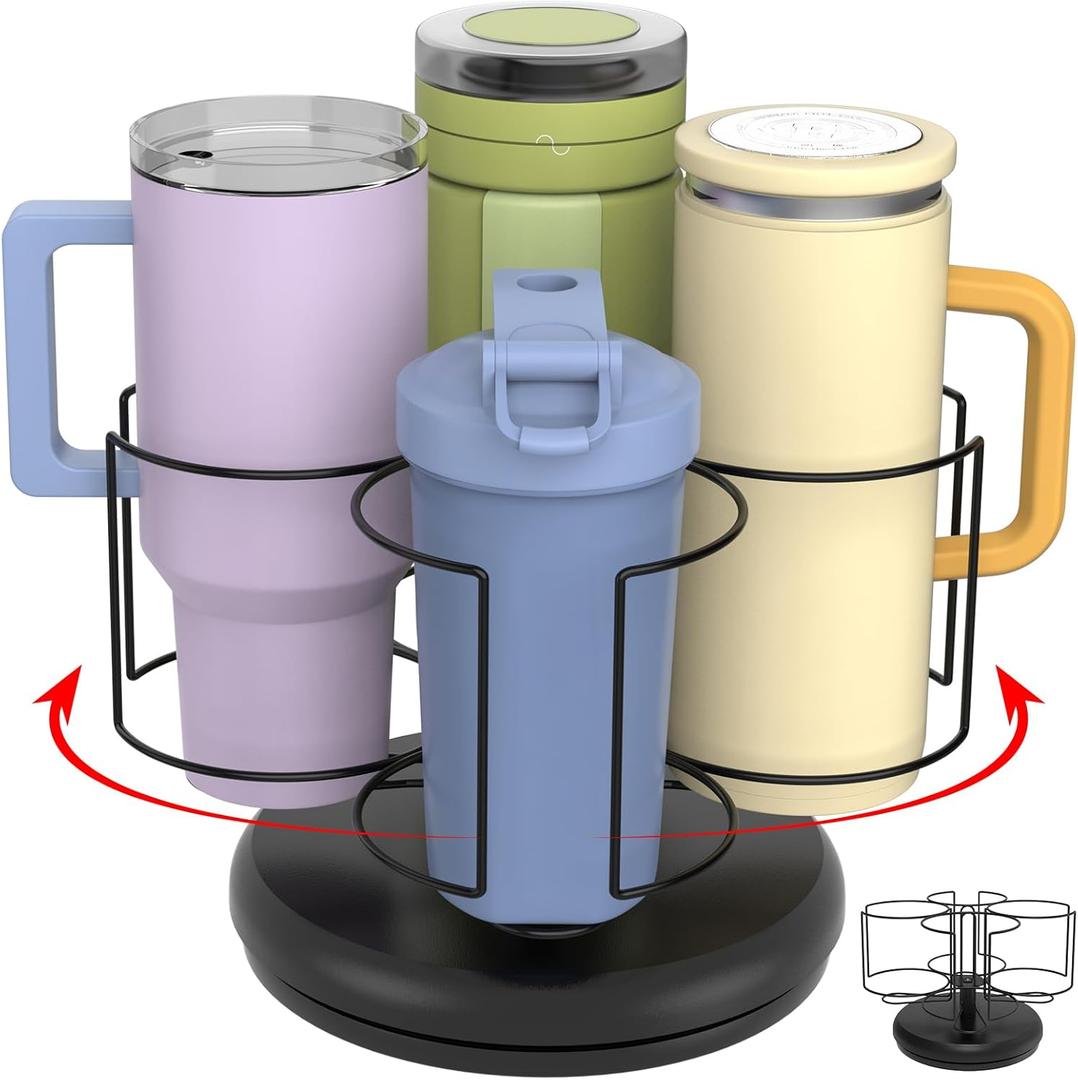 Stanley Cup Organizer Holder for 20-40 oz Tumblers, Rotating Wood Base Tumbler Holder with Bottom Bracket, Heavy-Duty Water Bottle Storage Rack for Kitchen Cabinet (4 Slots, Black)
