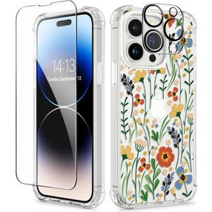GVIEWIN for iPhone 14 Pro Max Case Floral, with Screen Protector&Camera Lens Protector,[Non Yellowing] Soft Shockproof Clear Phone Protective Cover for Women, Flower Pattern 6.7"(Blooming Flowerets)