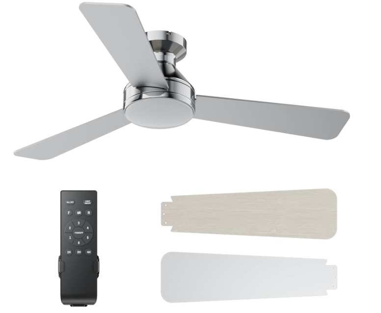 Ceiling Fans with Lights, 42 Inch Ceiling Fan with Light And Remote, 3CCT Flush Moun Low Profile Ceiling Fans, 6 Speed Noiseless LED Ceiling Fan, Advanced Nickel Ceilings Fan for Bedroom Living Room,  Nickel, 42 Inch