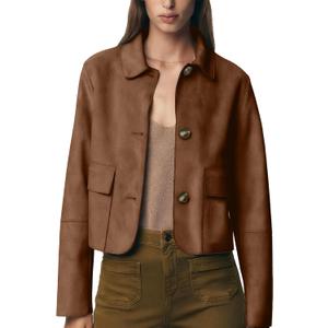 Womens Faux Suede Bomber Jacket Fall Long Sleeve Lapel Button Down Jackets Trendy Going Out Casual Outerwear