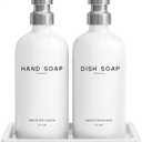 White Glass Hand and Dish Soap Dispenser Set by Brighter Barns - Kitchen Soap Dispenser Set with Tray & Pump for Office, Hotel, Vacation Rental, Airbnb - Modern Kitchen Decor & Accessories (White) (Silver Hd)