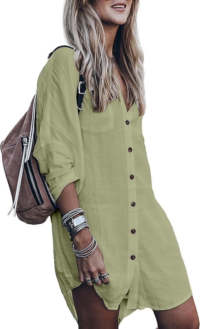 Womens Swimsuit Cover up,Silky Button Down Shirt Midi Dress Kimono,Summer Bathing Suit Beach Coverups for Women (CP-Aline) (L)