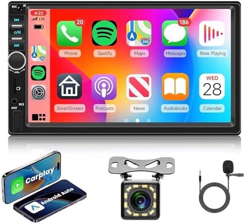 Double Din Carplay 7 inch Car Radio with Android Auto, Hodozzy 7 inch Touch Screen Radio with Bluetooth, FM Radio, Mirror Link, Car Radio 2 Din with Backup Camera/MIC, Support USB/AUX/TF