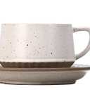 Vintage Ceramic Tea Cup and Saucer Set with Spoon, 10 oz Minimalist Porcelain Coffee Mug (Cream Fleck)