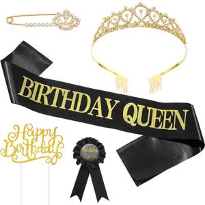 5 Pieces Birthday Accessories, Include Queen Sash, Tiara, Tinplate Badge Pin, Brooch Clip Pin and Happy Birthday Cupcake Topper for Women Party Favors