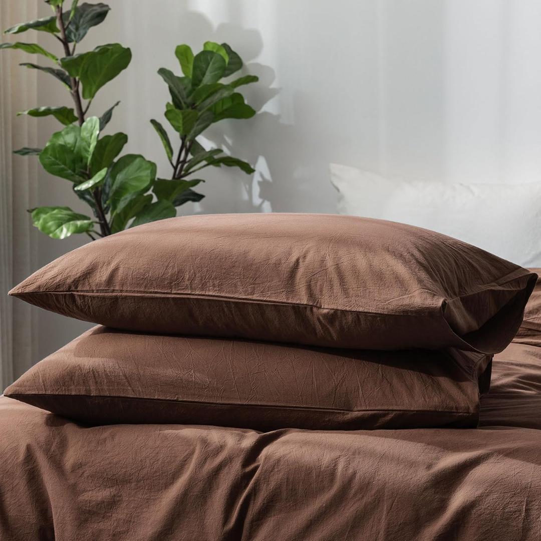 MooMee Bedding Pillowcases Pack of 2 100% Washed Cotton Linen Like Textured Breathable Durable Soft Comfy (Solid Cocoa Brown, Queen)