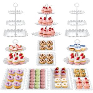 12Pcs Dessert Table Display Set, Cupcake Stand, 3-Tier Cup Cake Tower Stands & 2-Tiered Cake Holder, Treat Food Platters Serving Trays for Tea Party, Baby Shower, Bridal, Wedding, Birthday, Plastic, White