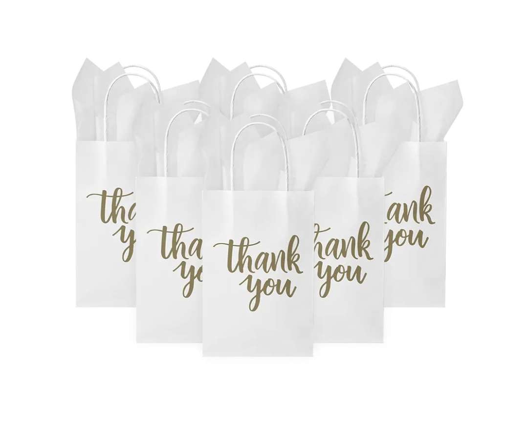 DjinnGlory 50 Pack Small Thank You Gift Bags with Handles - 9x5.5x3.15 Inch White Paper Bags with Tissue Paper for Wedding, Bridal, Baby Shower, Birthday Party Favors, Business, Shopping