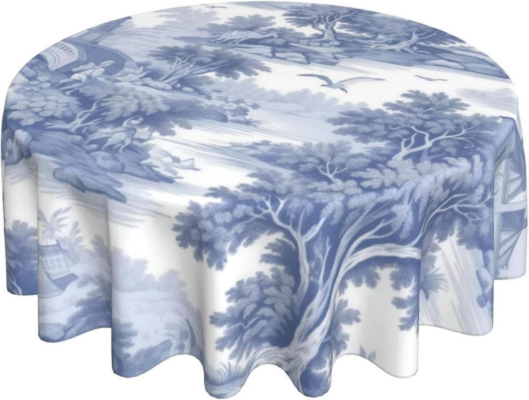 Classic 18th Century French Blue Toile Round Tablecloth 60 Inch Washable Reusable Decoration Table Cover for Kitchen Party