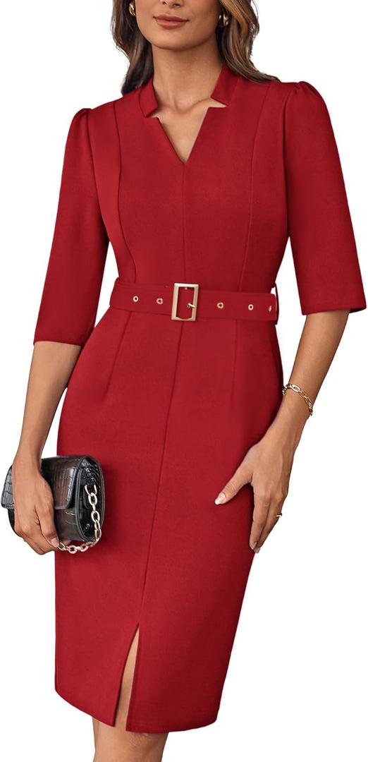 GRACE KARIN Women's Work Dress 3/4 Sleeve V Neck Bodycon Sheath Dress Zipper Up Office Business Dresses with Belt (XX-Large, Dark Red)
