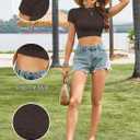 Women's Short Sleeves Y2K Mock Neck Crop Top Lace Mesh Solid Color Knit Textured Casual T-Shirt (Brown, XS)