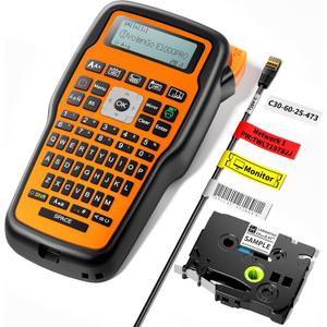 Label Maker Machine with-Tape, Heat Shrink Label Maker Waterproof-Labels, Wire Cable label Maker, E1000 Labeler Machine with-Tape 12mm Laminated Handheld Labeling Machine for Industrial Office (Orange)