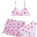 COOLOYA Girl's 3 Piece Swimwear Set Halter Cute Print Bikini Bathing Swim Suits with Beach Skirt Coverup, 140